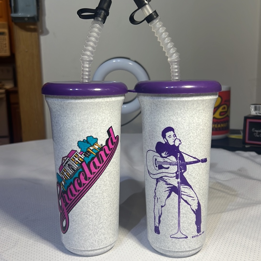 2x Elvis Presley Graceland Vintage/ Authentic Collectable Drinking Cups w/ Straw